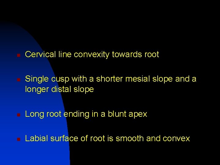 n n Cervical line convexity towards root Single cusp with a shorter mesial slope