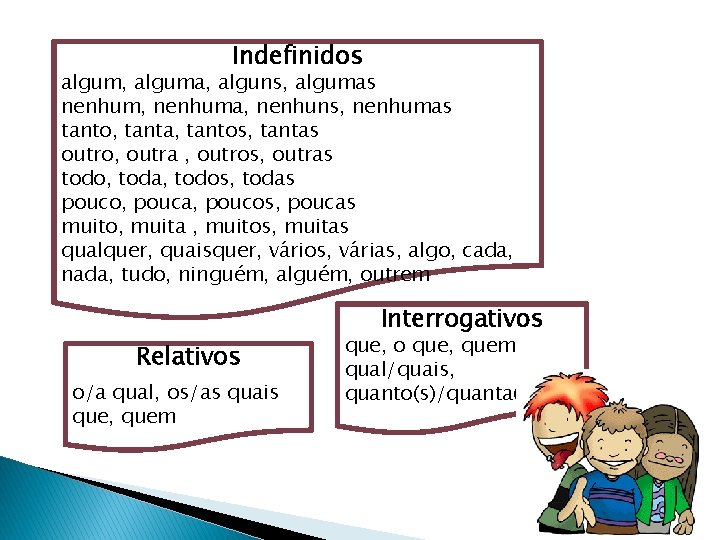 Indefinidos algum, alguma, alguns, algumas nenhum, nenhuma, nenhuns, nenhumas tanto, tanta, tantos, tantas outro,