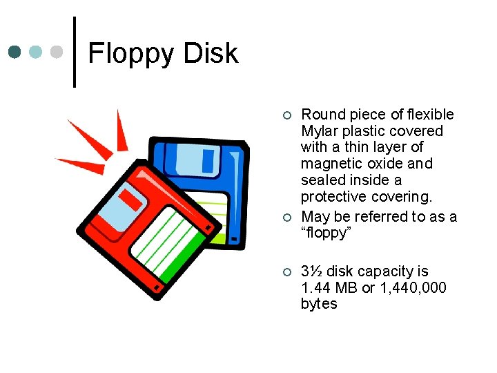 Floppy Disk ¢ ¢ ¢ Round piece of flexible Mylar plastic covered with a