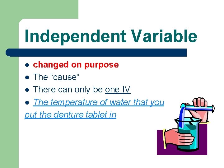 Independent Variable changed on purpose l The “cause” l There can only be one