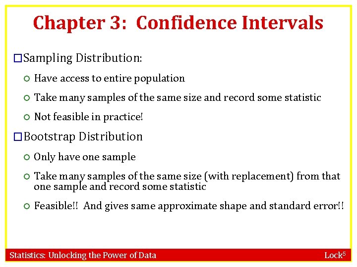 Chapter 3: Confidence Intervals �Sampling Distribution: Have access to entire population Take many samples