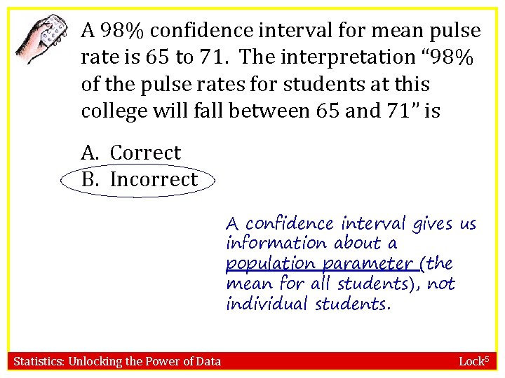 A 98% confidence interval for mean pulse rate is 65 to 71. The interpretation