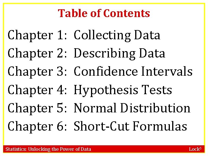 Table of Contents Chapter 1: Collecting Data Chapter 2: Describing Data Chapter 3: Confidence