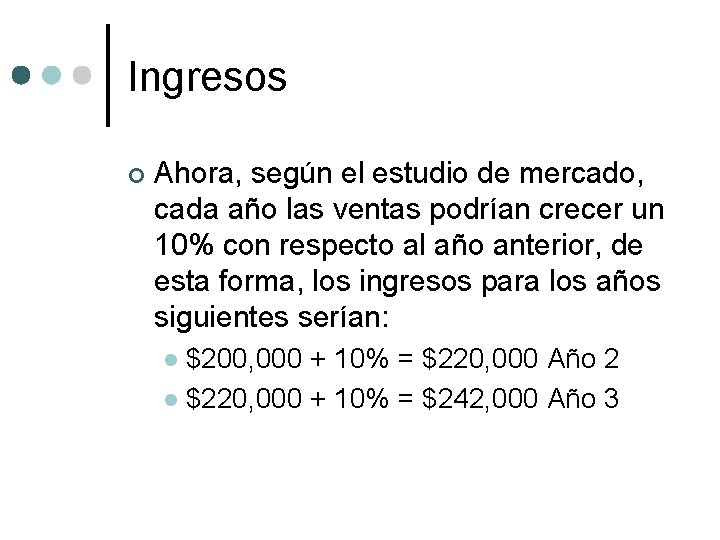 Ingresos ¢ Ahora, según el estudio de mercado, cada año las ventas podrían crecer