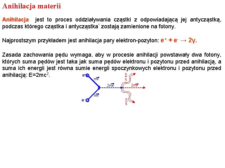 Anihilacja materii Anihilacja jest to proces oddziaływania cząstki z odpowiadającą jej antycząstką, podczas którego