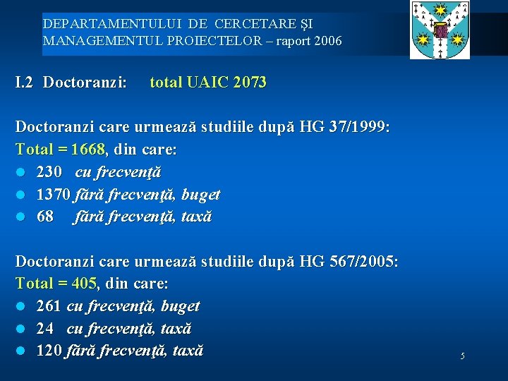 DEPARTAMENTULUI DE CERCETARE ŞI MANAGEMENTUL PROIECTELOR – raport 2006 I. 2 Doctoranzi: total UAIC
