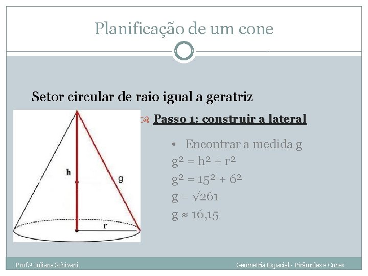 Planificação de um cone Setor circular de raio igual a geratriz Passo 1: construir
