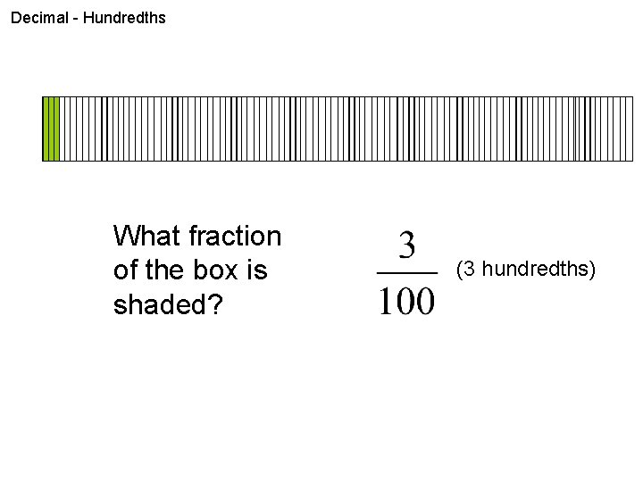 Decimal - Hundredths What fraction of the box is shaded? (3 hundredths) 