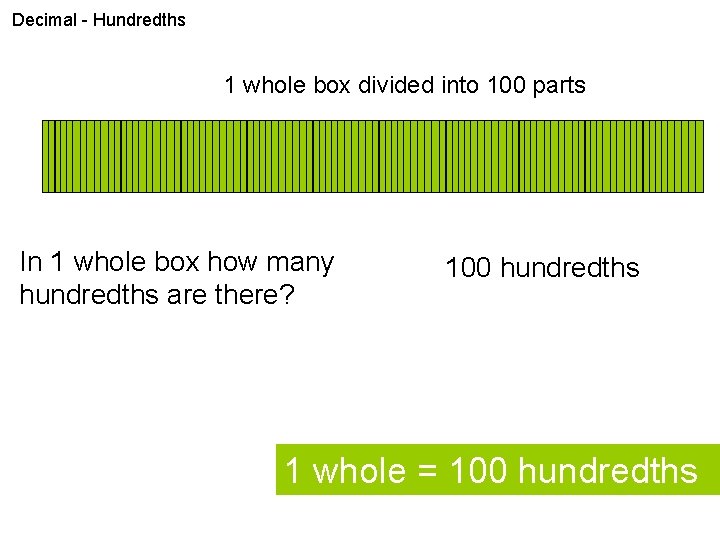 Decimal - Hundredths 1 whole box divided into 100 parts In 1 whole box
