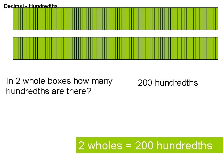 Decimal - Hundredths In 2 whole boxes how many hundredths are there? 200 hundredths