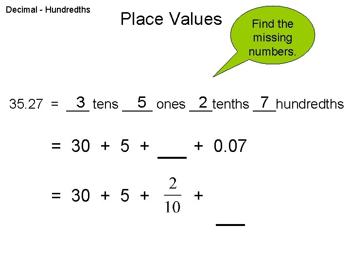Decimal - Hundredths Place Values Find the missing numbers. 3 tens ____ 5 ones