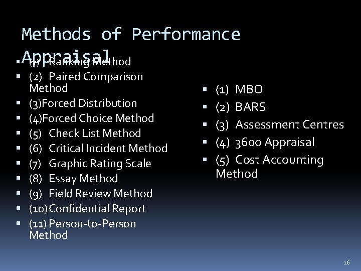 Methods of Performance Appraisal (1) Ranking Method (2) Paired Comparison Method (3)Forced Distribution (4)Forced