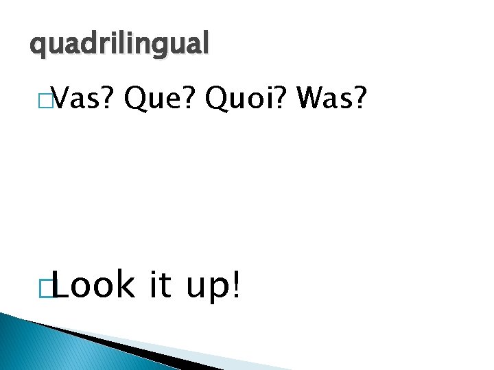 quadrilingual �Vas? Que? Quoi? Was? �Look it up! 