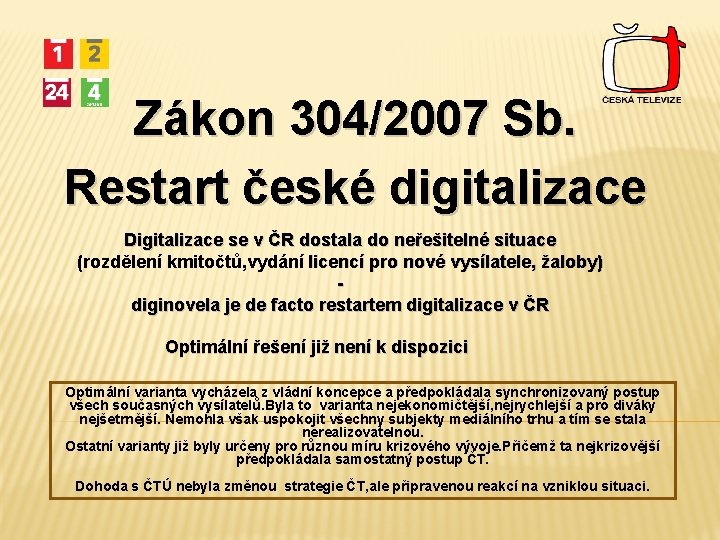 Zákon 304/2007 Sb. Restart české digitalizace Digitalizace se v ČR dostala do neřešitelné situace