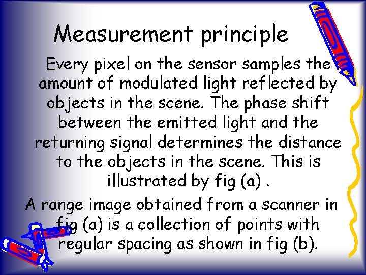 Measurement principle Every pixel on the sensor samples the amount of modulated light reflected