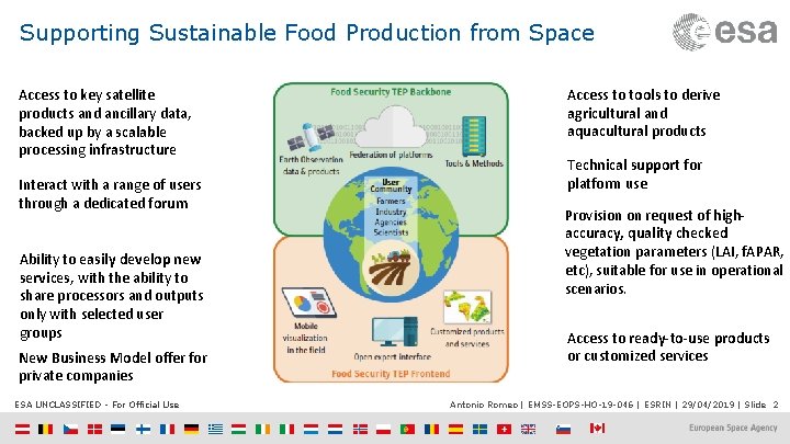 Supporting Sustainable Food Production from Space Access to key satellite products and ancillary data,