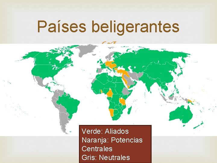 Países beligerantes Verde: Aliados Naranja: Potencias Centrales Gris: Neutrales 