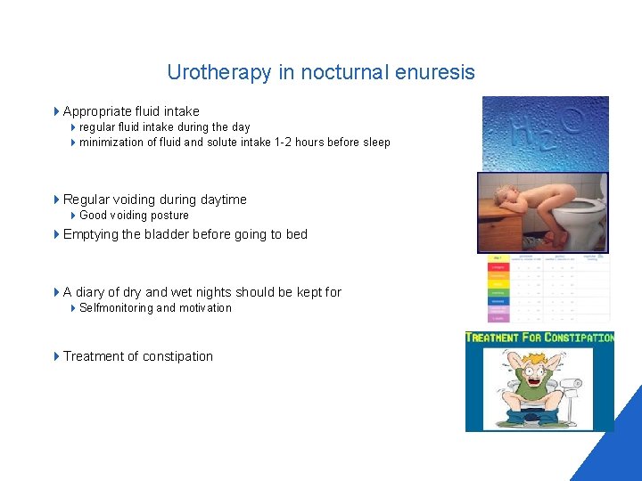 Urotherapy in nocturnal enuresis 4 Appropriate fluid intake 4 regular fluid intake during the