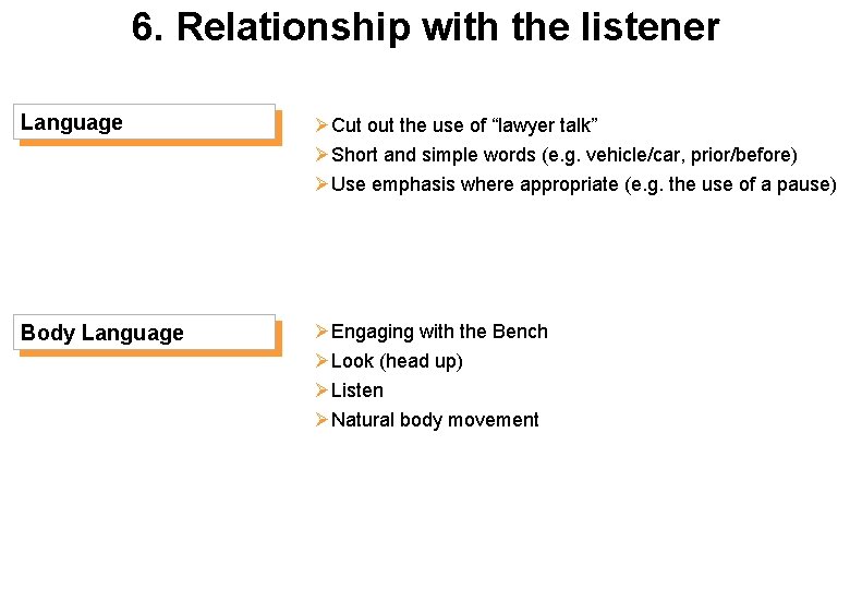 6. Relationship with the listener Language ØCut out the use of “lawyer talk” ØShort