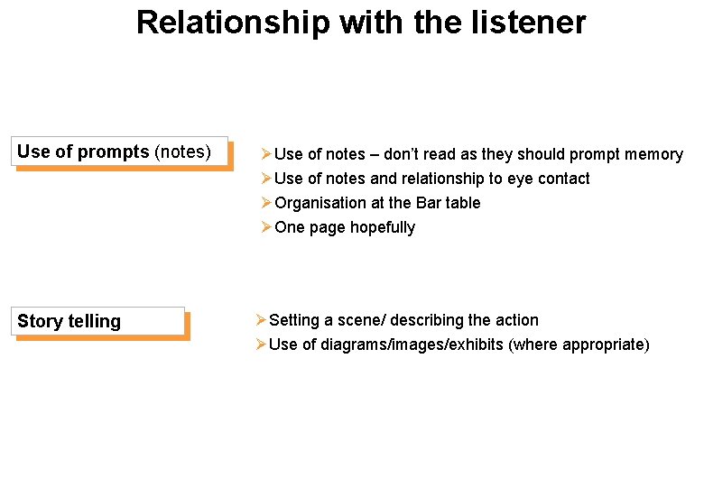 Relationship with the listener Use of prompts (notes) Story telling ØUse of notes –