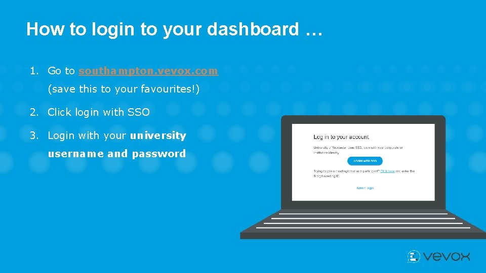 How to login to your dashboard … 1. Go to southampton. vevox. com (save