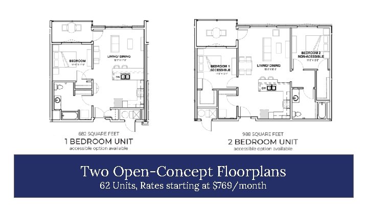 Two Open-Concept Floorplans 62 Units, Rates starting at $769/month 