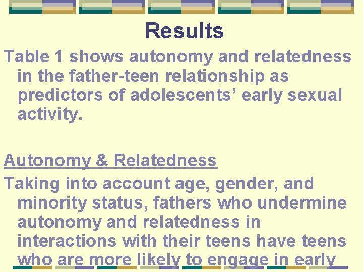 Results Table 1 shows autonomy and relatedness in the father-teen relationship as predictors of