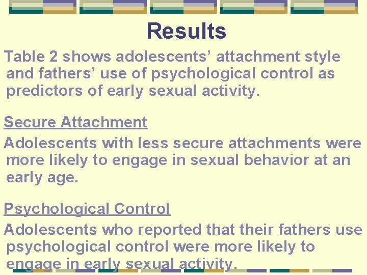 Results Table 2 shows adolescents’ attachment style and fathers’ use of psychological control as