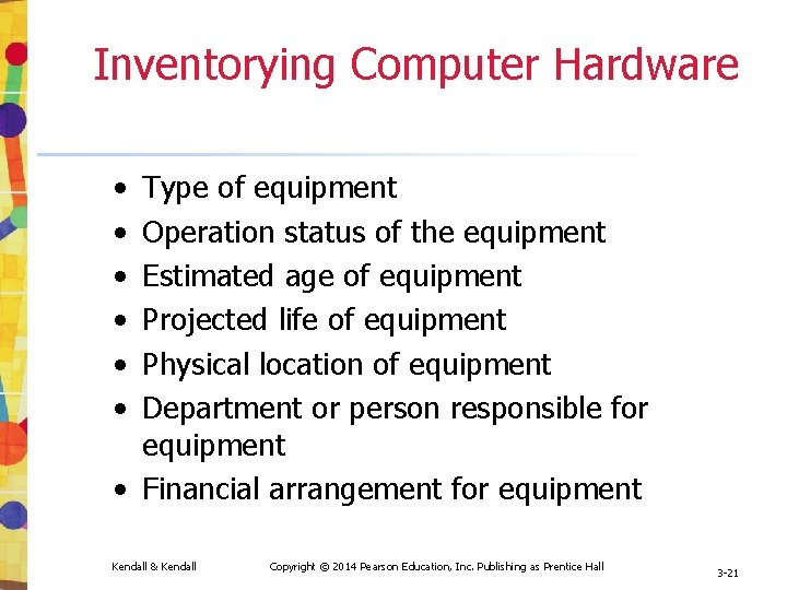 Inventorying Computer Hardware • • • Type of equipment Operation status of the equipment
