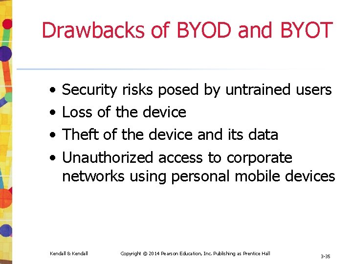 Drawbacks of BYOD and BYOT • • Security risks posed by untrained users Loss