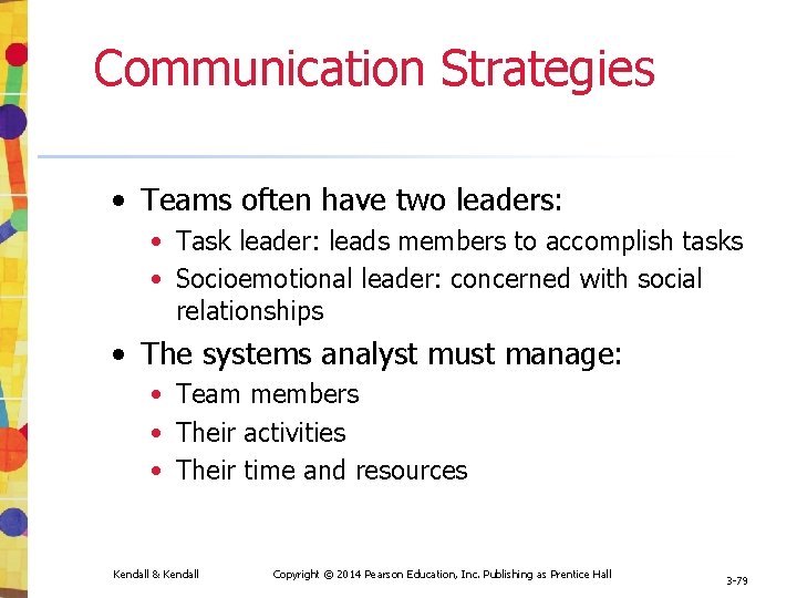 Communication Strategies • Teams often have two leaders: • Task leader: leads members to