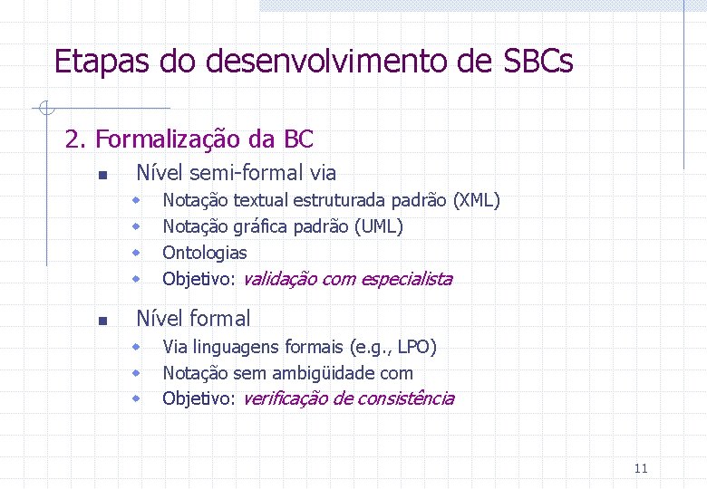 Etapas do desenvolvimento de SBCs 2. Formalização da BC n Nível semi-formal via w