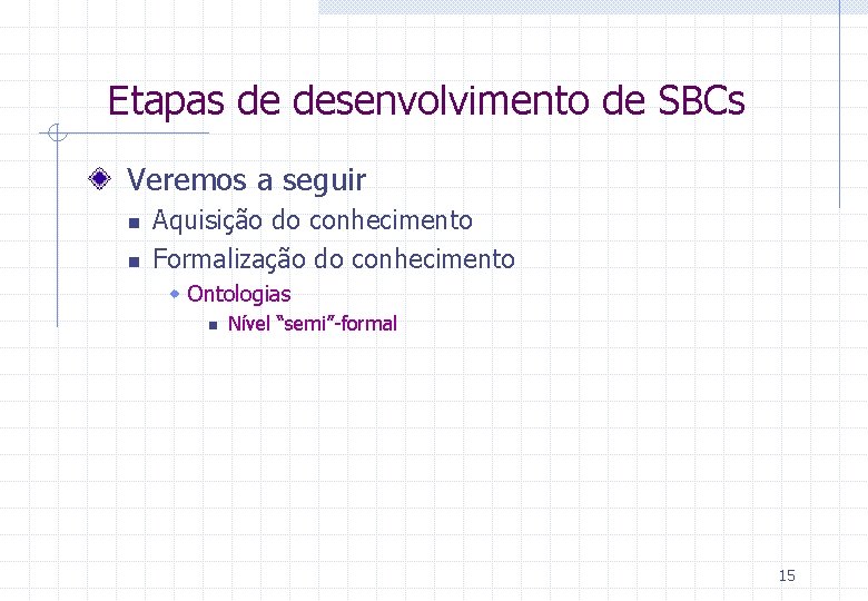 Etapas de desenvolvimento de SBCs Veremos a seguir n n Aquisição do conhecimento Formalização