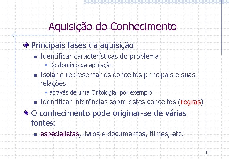 Aquisição do Conhecimento Principais fases da aquisição n Identificar características do problema w Do