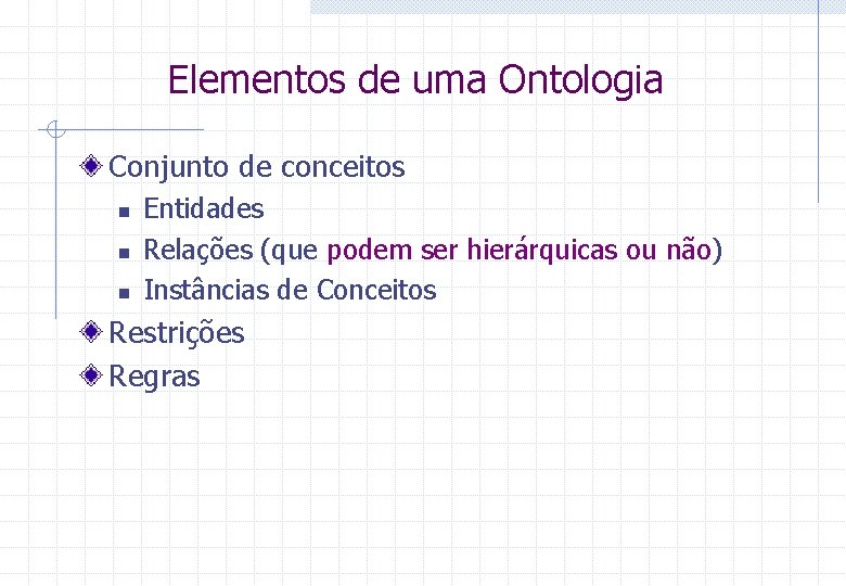 Elementos de uma Ontologia Conjunto de conceitos n n n Entidades Relações (que podem