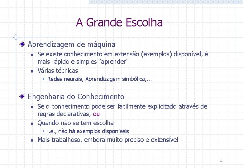 A Grande Escolha Aprendizagem de máquina n n Se existe conhecimento em extensão (exemplos)