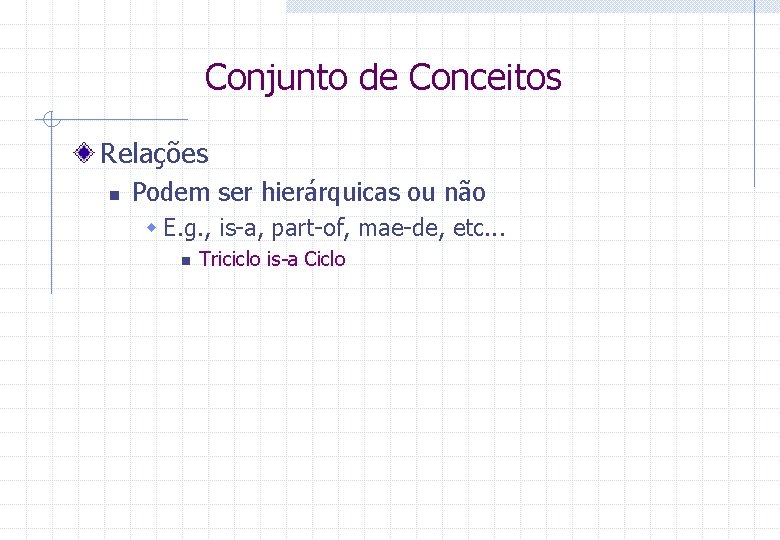 Conjunto de Conceitos Relações n Podem ser hierárquicas ou não w E. g. ,