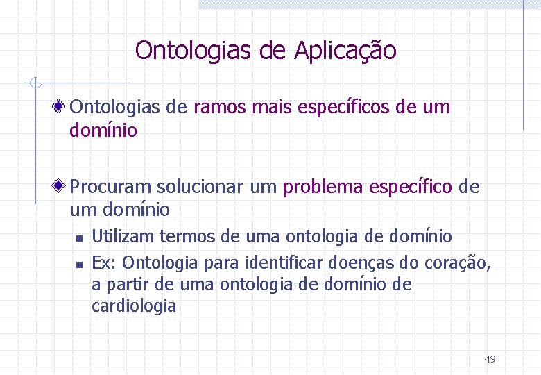 Ontologias de Aplicação Ontologias de ramos mais específicos de um domínio Procuram solucionar um