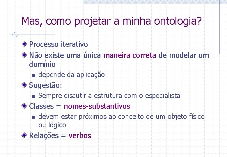 Mas, como projetar a minha ontologia? Processo iterativo Não existe uma única maneira correta