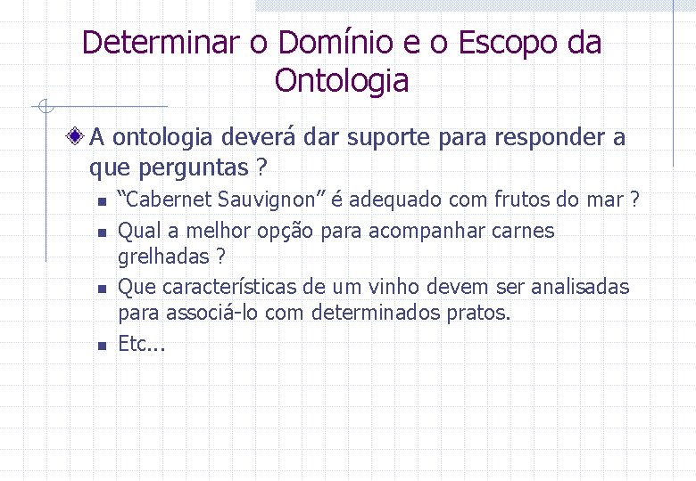 Determinar o Domínio e o Escopo da Ontologia A ontologia deverá dar suporte para