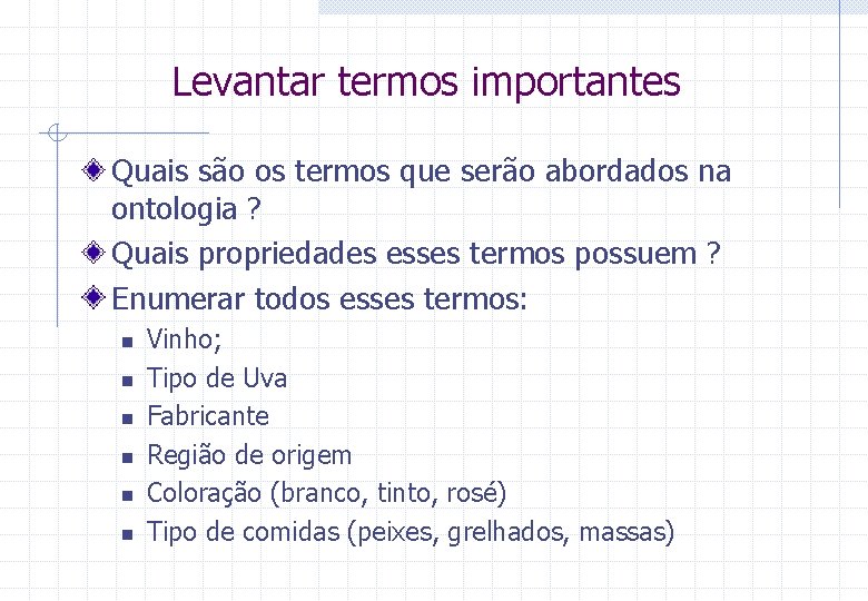 Levantar termos importantes Quais são os termos que serão abordados na ontologia ? Quais