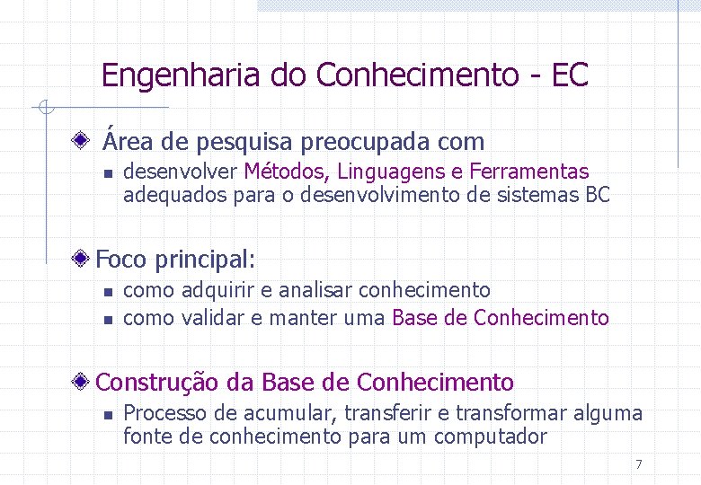 Engenharia do Conhecimento - EC Área de pesquisa preocupada com n desenvolver Métodos, Linguagens