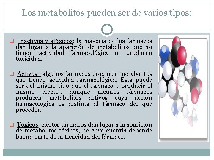 Los metabolitos pueden ser de varios tipos: q Inactivos y atóxicos: la mayoría de