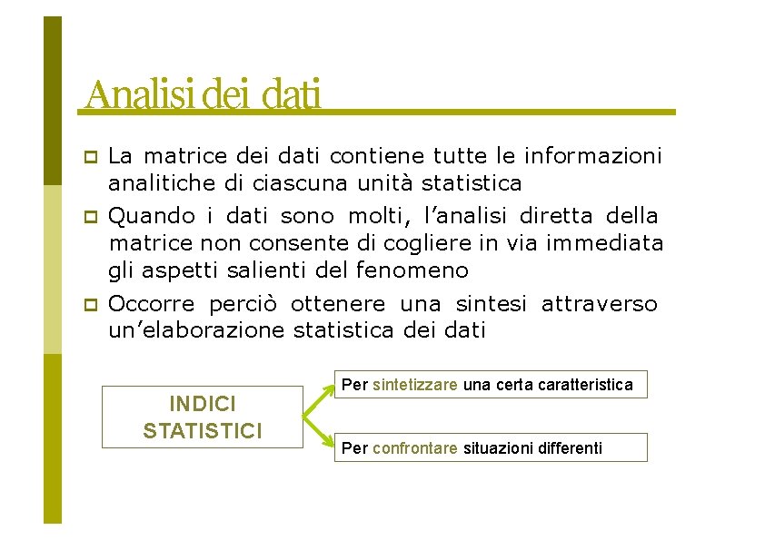 Analisi dei dati La matrice dei dati contiene tutte le informazioni analitiche di ciascuna