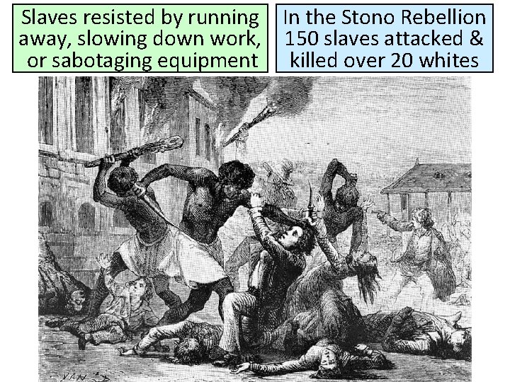 Slaves resisted by running In the Stono Rebellion away, slowing down work, 150 slaves Slaves resisted by running In the Stono Rebellion away, slowing down work, 150 slaves