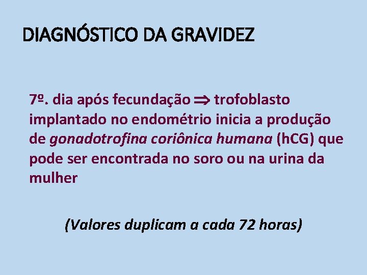 DIAGNÓSTICO DA GRAVIDEZ 7º. dia após fecundação trofoblasto implantado no endométrio inicia a produção