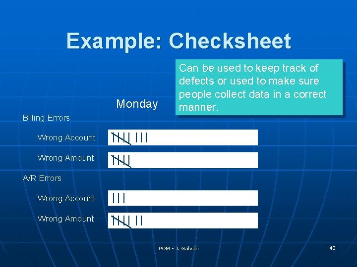 Example: Checksheet Monday Billing Errors Can be used to keep track of defects or