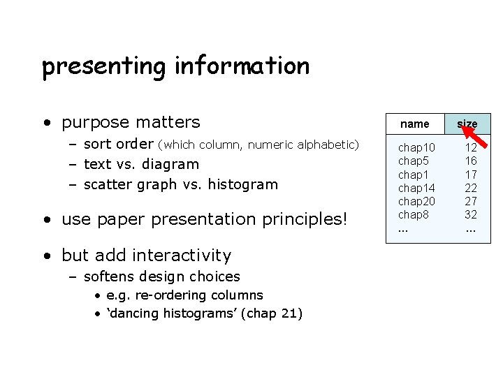 presenting information • purpose matters – sort order (which column, numeric alphabetic) – text