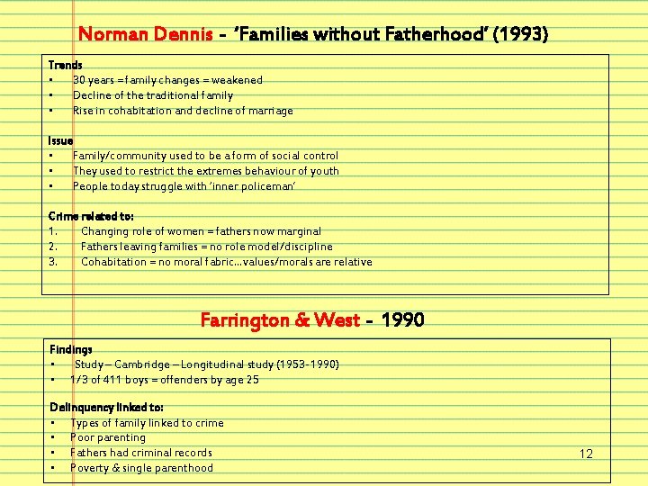 Norman Dennis - ‘Families without Fatherhood’ (1993) Trends • 30 years = family changes