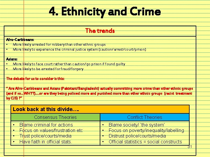 4. Ethnicity and Crime The trends Afro-Caribbeans: • More likely arrested for robbery than